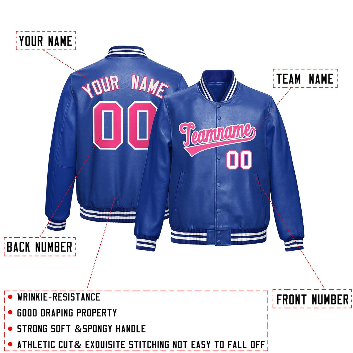 Custom Royal Blue Pink Full-Snap Varsity Faux Leather Letterman Jacket| KXKSHOP