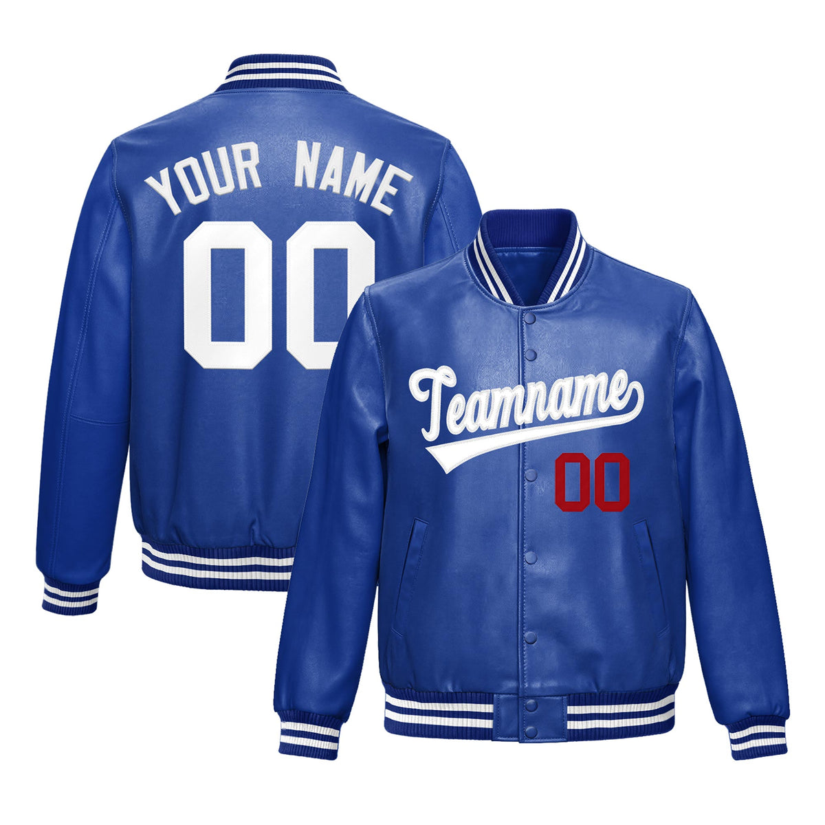 Custom Royal Blue White Full-Snap Varsity Faux Leather Letterman Jacket| KXKSHOP
