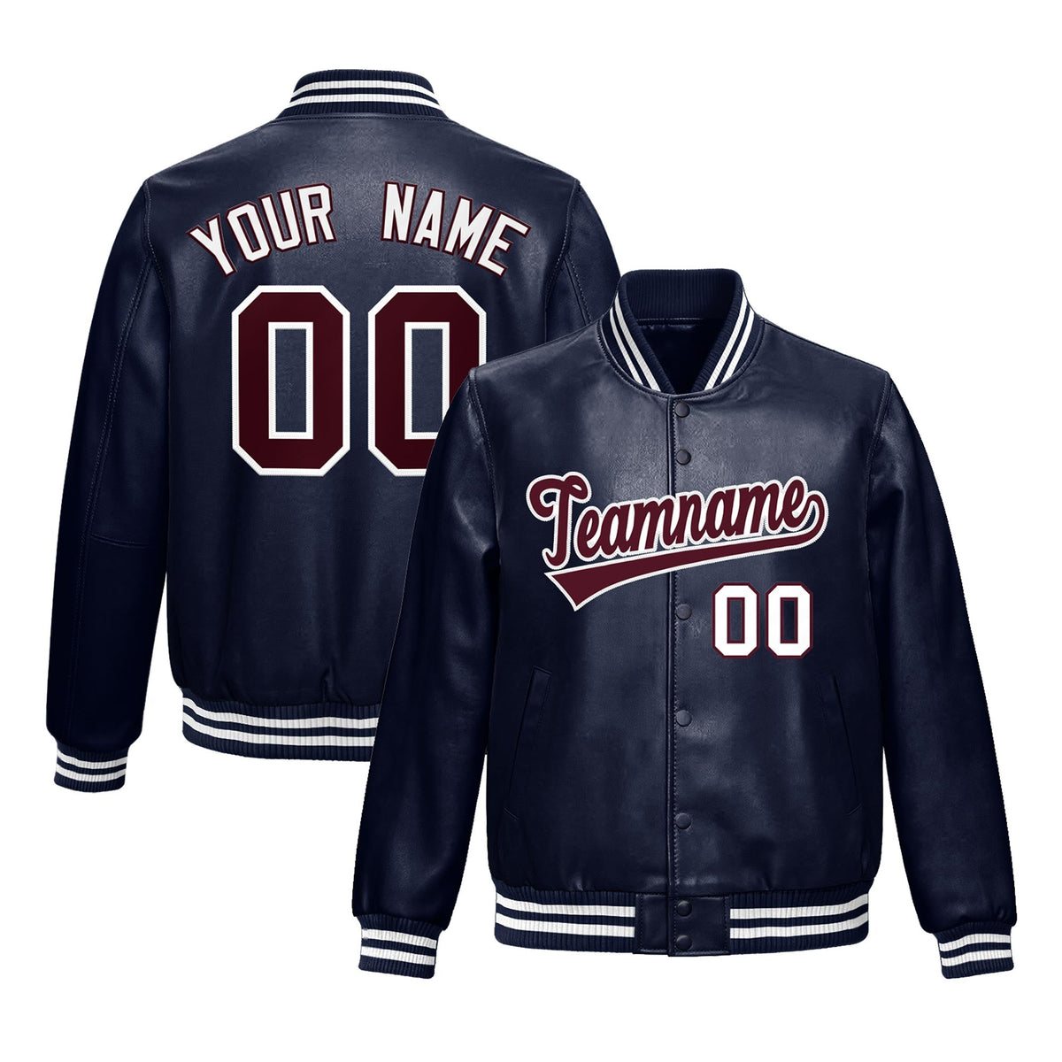Custom Navy Crimson Full-Snap Varsity Faux Leather Letterman Jacket| KXKSHOP