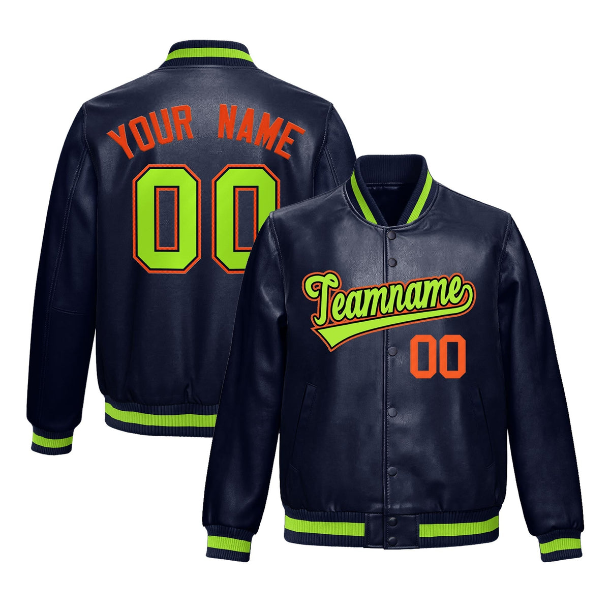 Custom Navy Neon Green Full-Snap Varsity Faux Leather Letterman Jacket| KXKSHOP