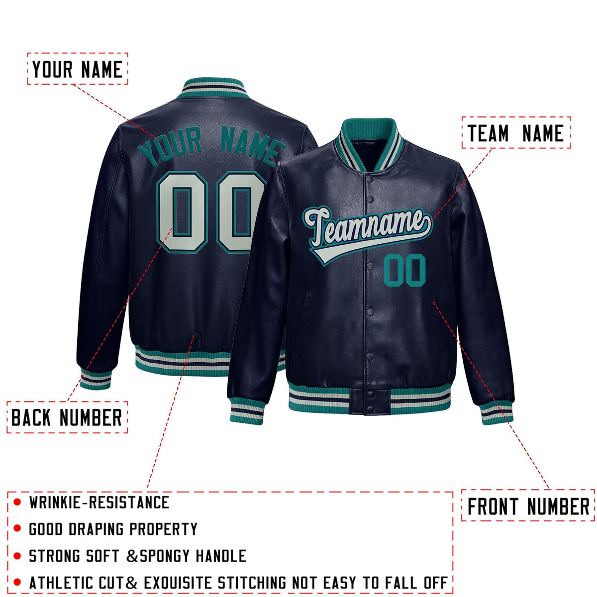 Custom Navy Teal Full-Snap Varsity Faux Leather Letterman Jacket| KXKSHOP