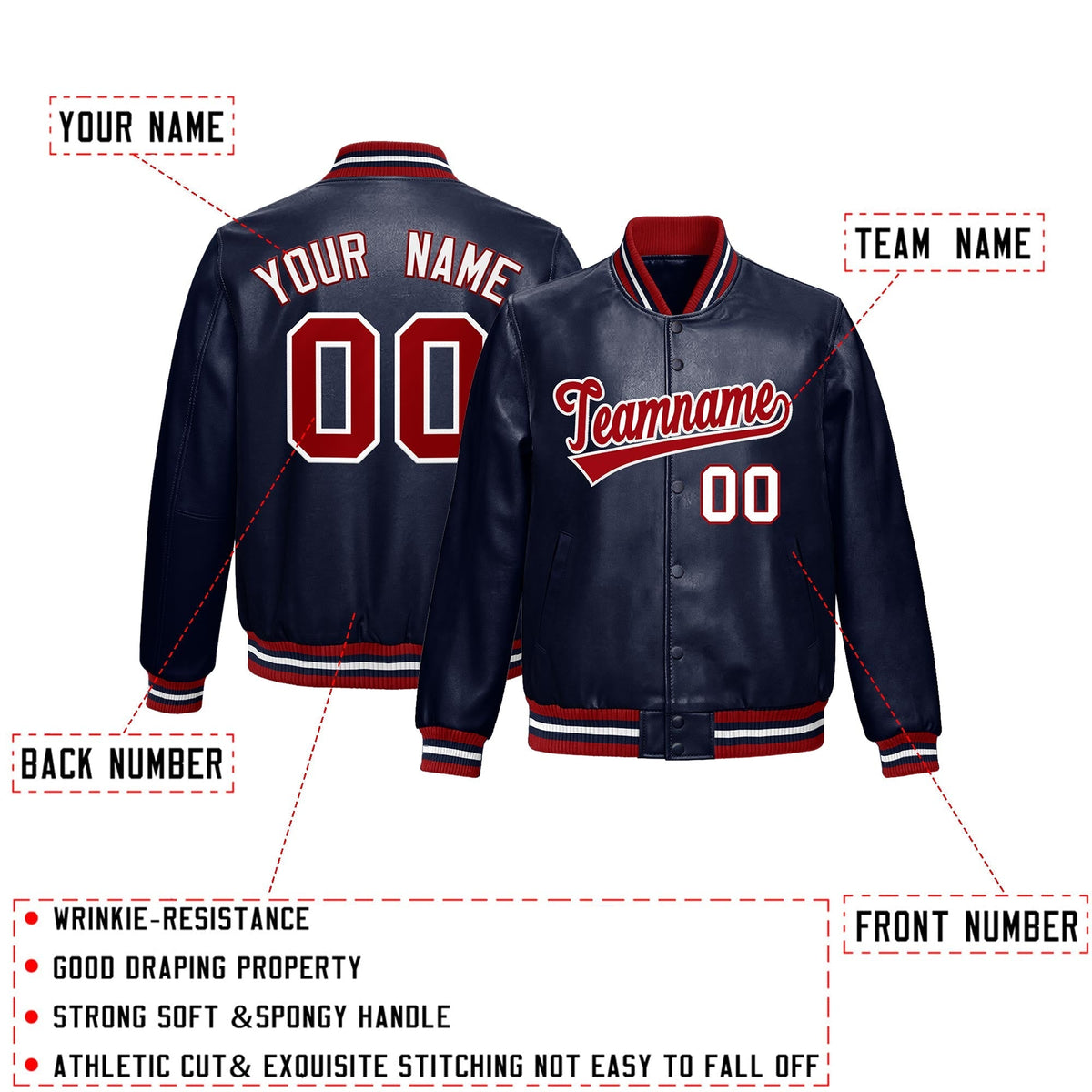 Custom Navy Red Full-Snap Varsity Faux Leather Letterman Jacket| KXKSHOP