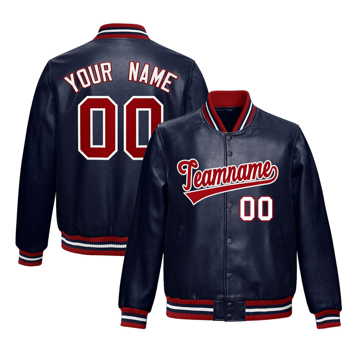 Custom Navy Red Full-Snap Varsity Faux Leather Letterman Jacket| KXKSHOP