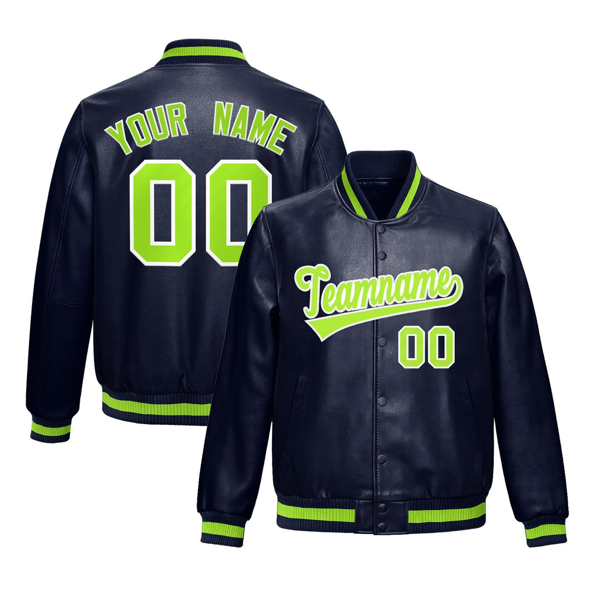 Custom Navy Neon Green White Full-Snap Varsity Faux Leather Letterman Jacket| KXKSHOP