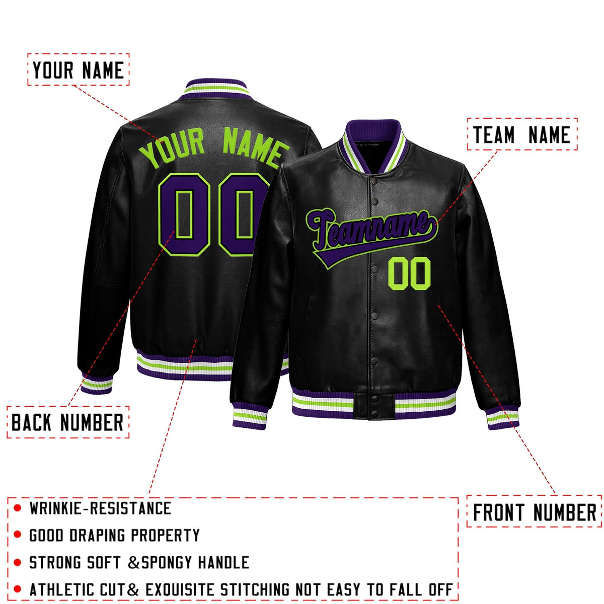 Custom Black Purple Full-Snap Varsity Faux Leather Letterman Jacket| KXKSHOP