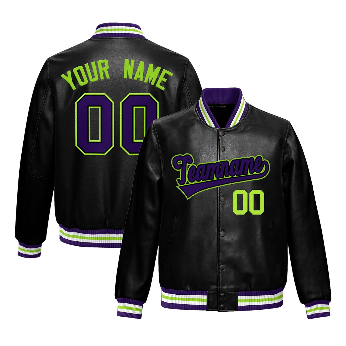 Custom Black Purple Full-Snap Varsity Faux Leather Letterman Jacket| KXKSHOP