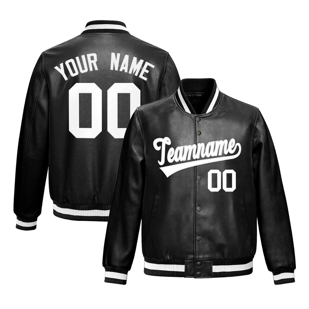 Custom Black White Full-Snap Varsity Faux Leather Letterman Jacket| KXKSHOP