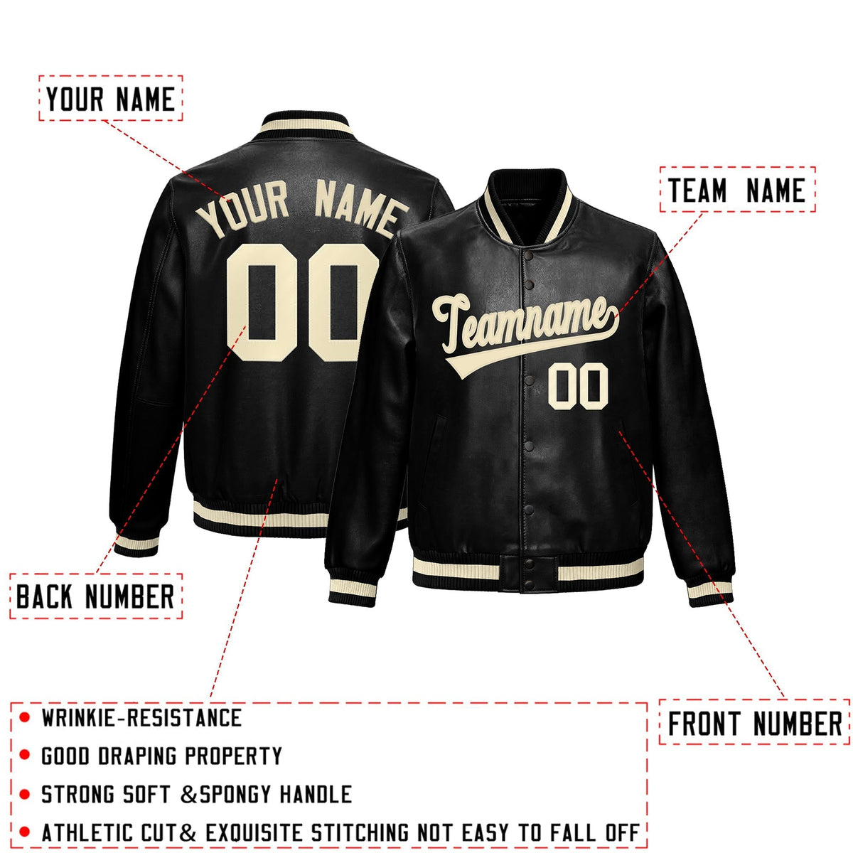 Custom Black Cream Full-Snap Varsity Faux Leather Letterman Jacket| KXKSHOP