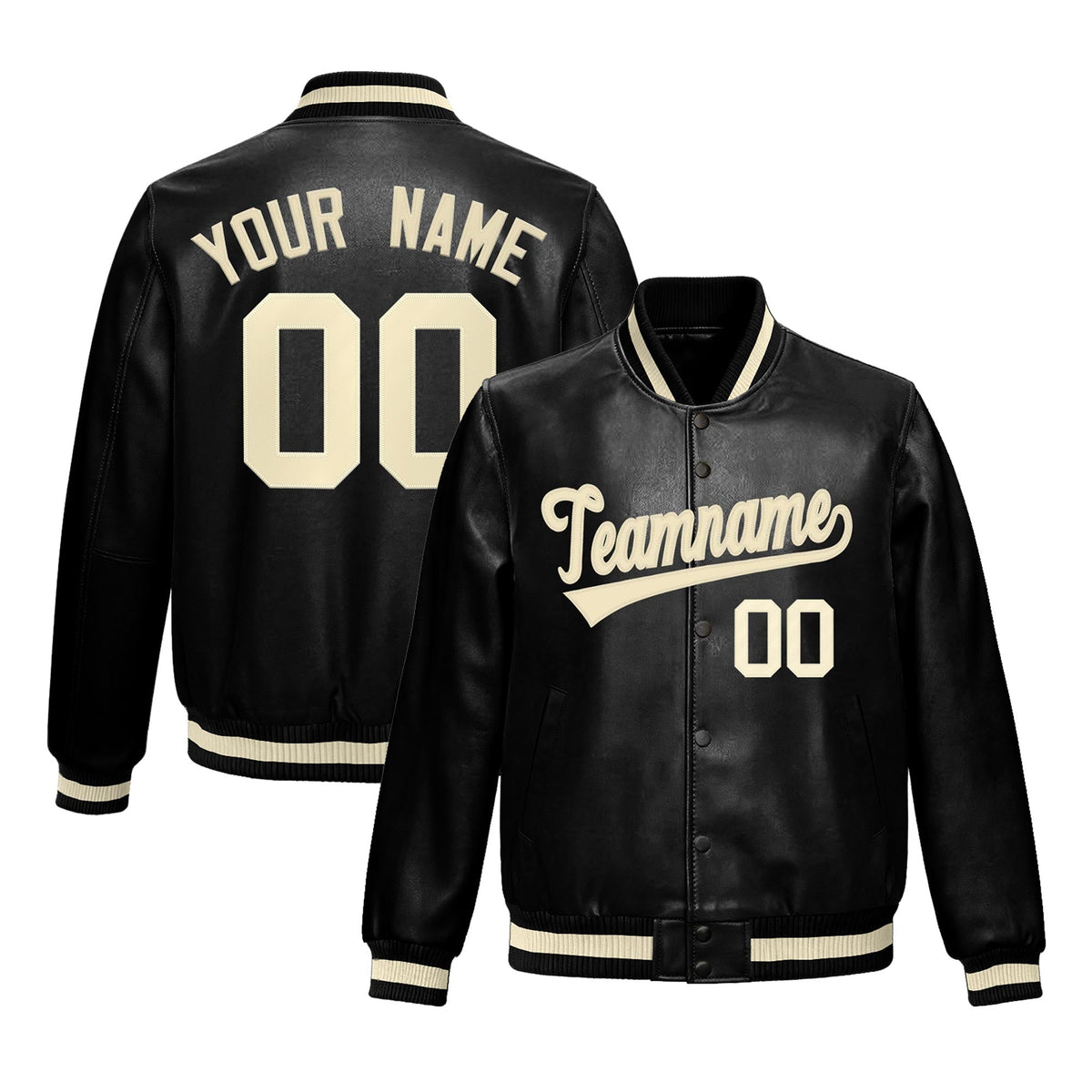 Custom Black Cream Full-Snap Varsity Faux Leather Letterman Jacket| KXKSHOP