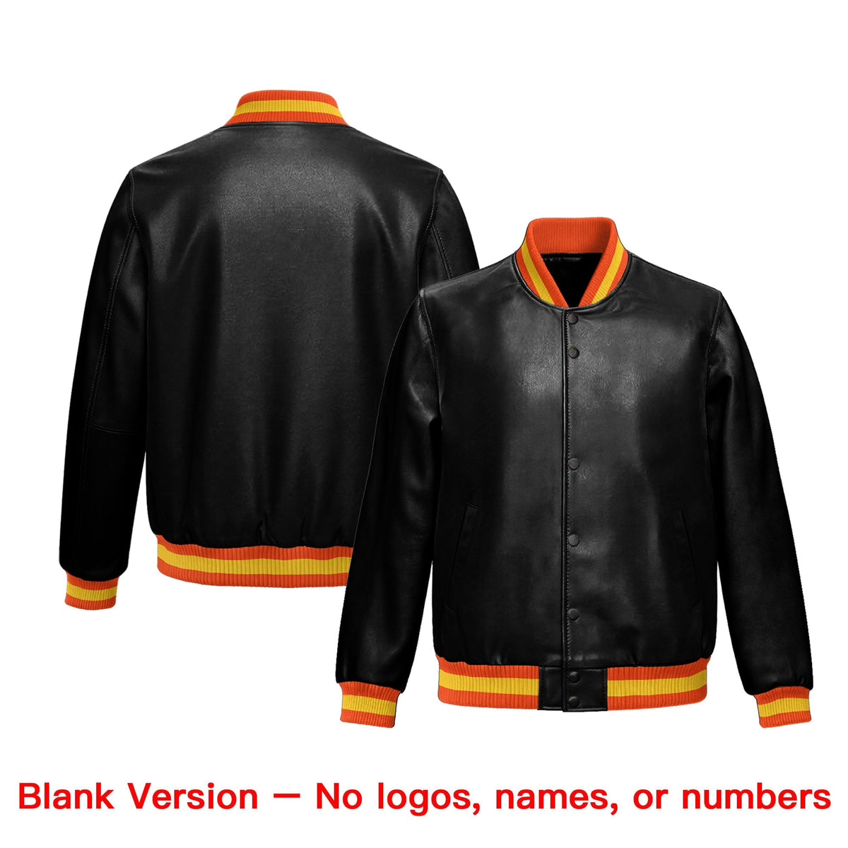 Custom Black Orange Gold Full-Snap Varsity Faux Leather Letterman Jacket| KXKSHOP