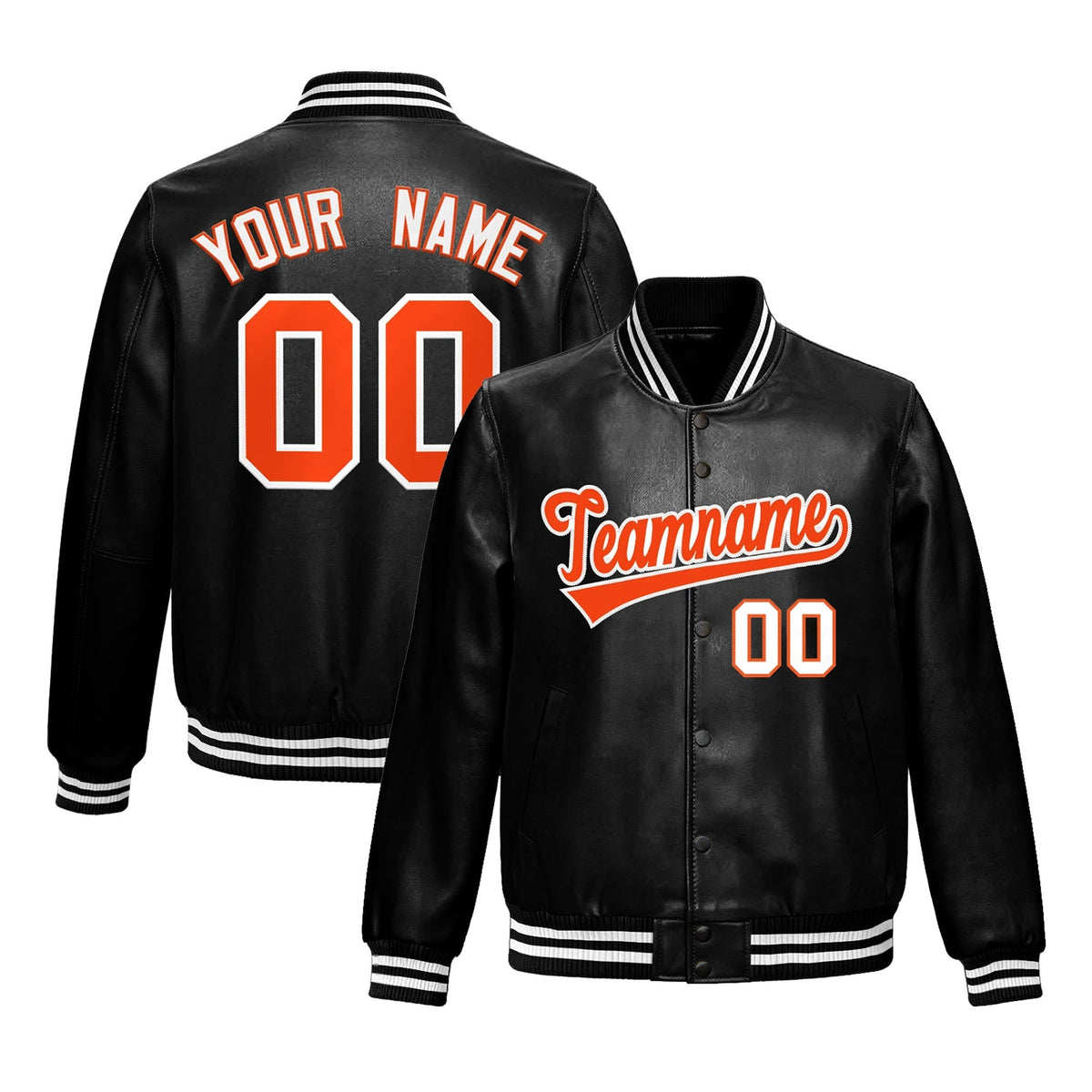 Custom Black Orange White Full-Snap Varsity Faux Leather Letterman Jacket| KXKSHOP
