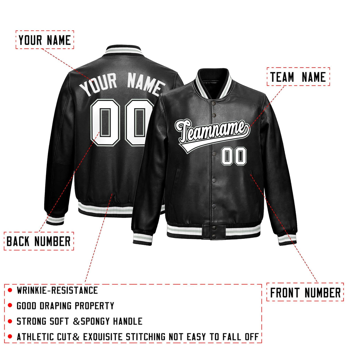 Custom Black White Gray Full-Snap Varsity Faux Leather Letterman Jacket| KXKSHOP