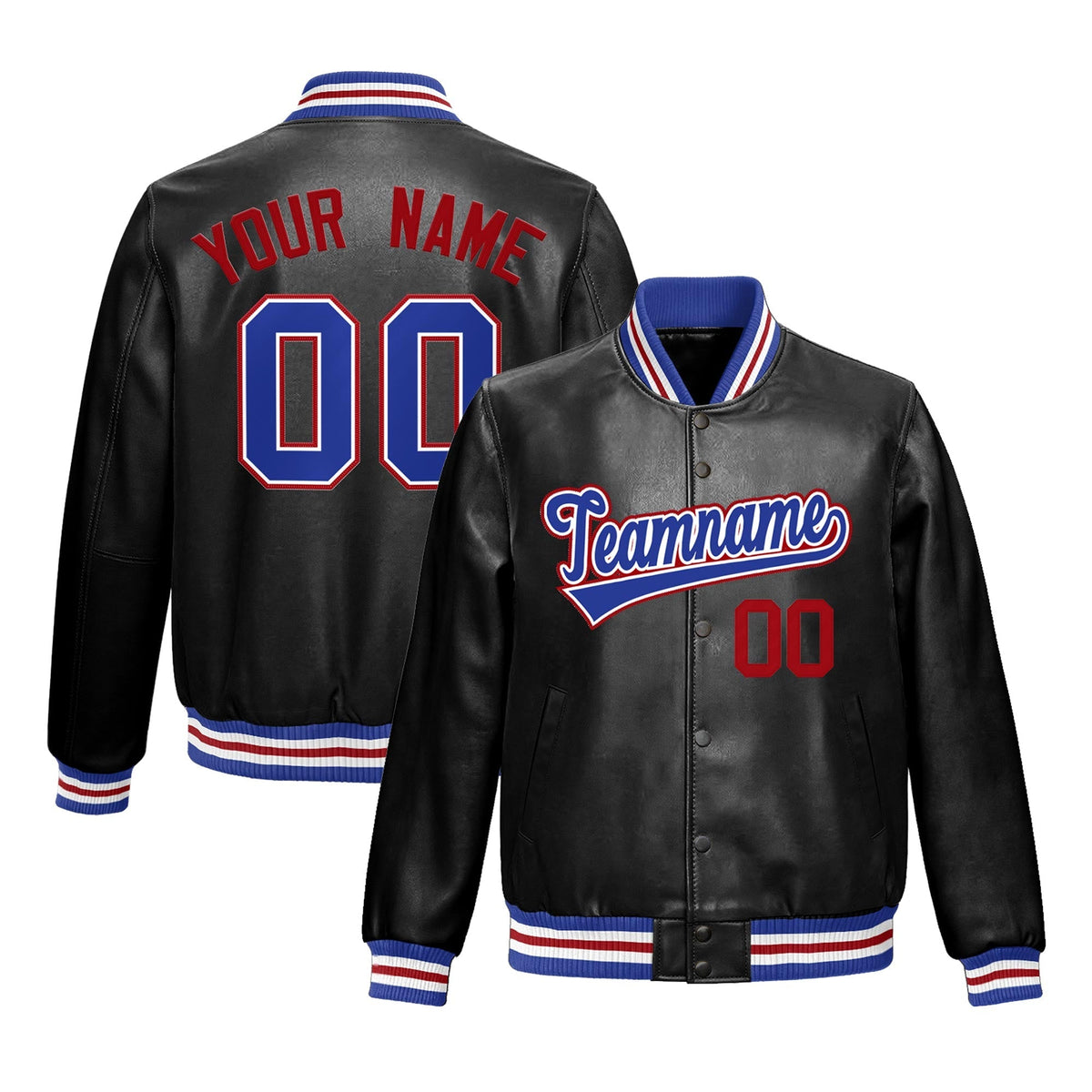 Custom Black Royal Blue Full-Snap Varsity Faux Leather Letterman Jacket| KXKSHOP