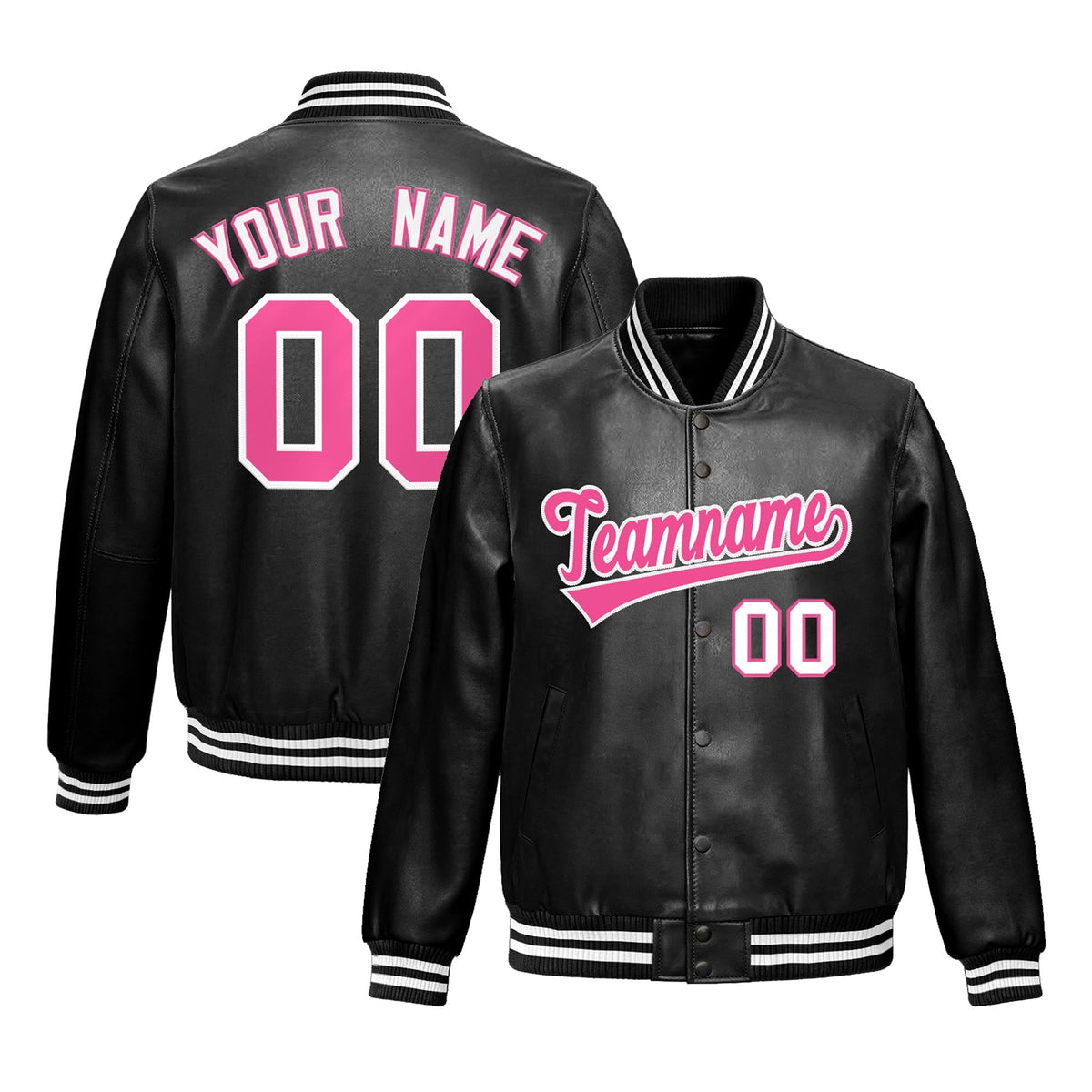 Custom Black Pink White Full-Snap Varsity Faux Leather Letterman Jacket| KXKSHOP