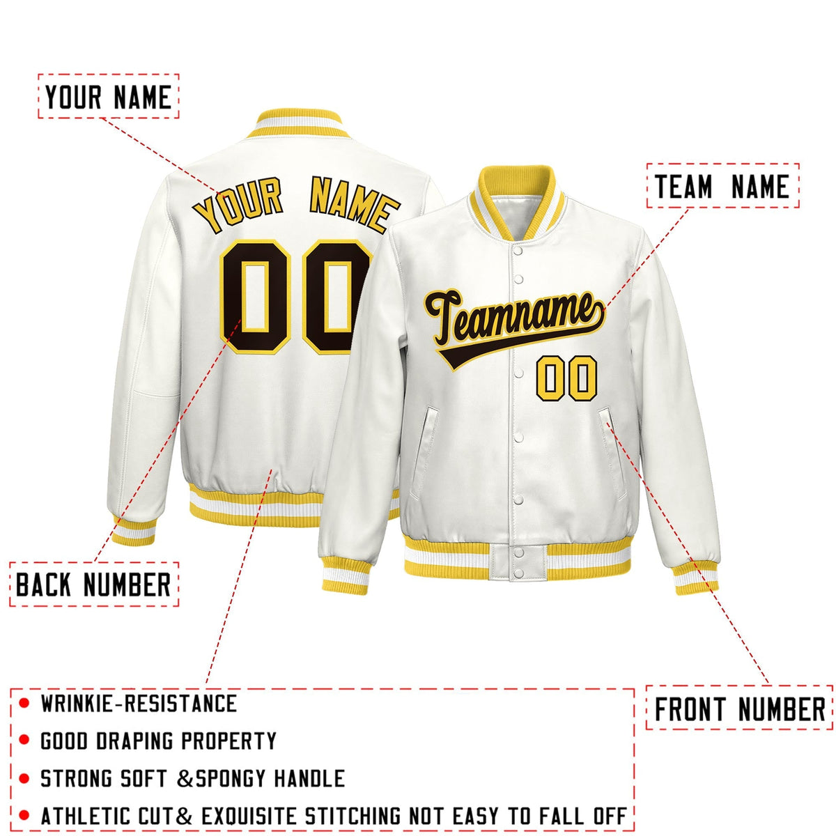 Custom Gold White Full-Snap Varsity Faux Leather Letterman Jacket| KXKSHOP