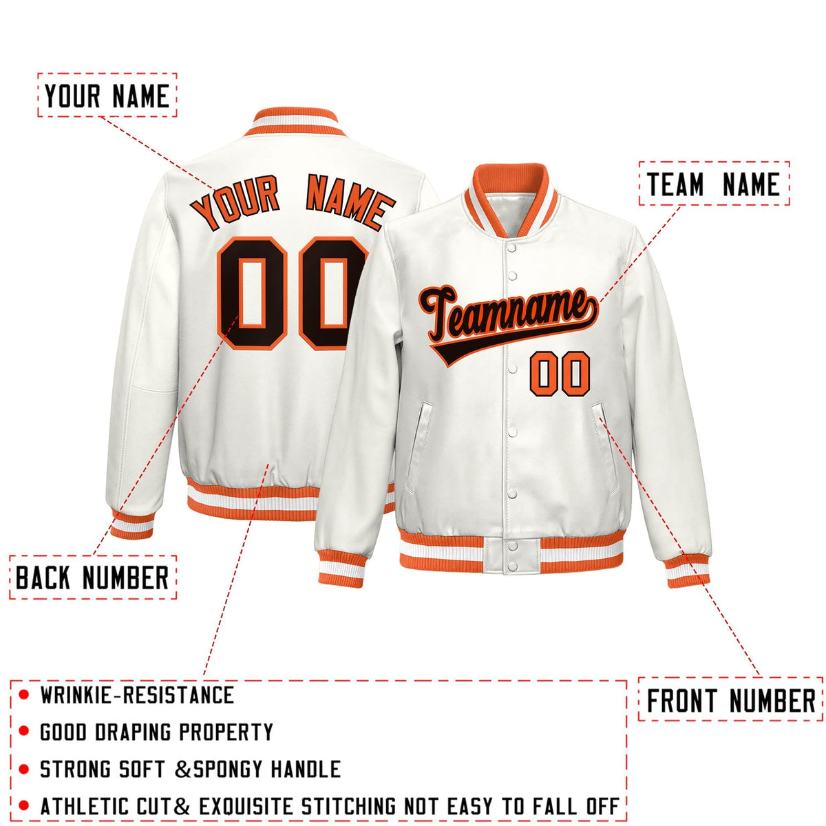 Custom Orange White Full-Snap Varsity Faux Leather Letterman Jacket| KXKSHOP