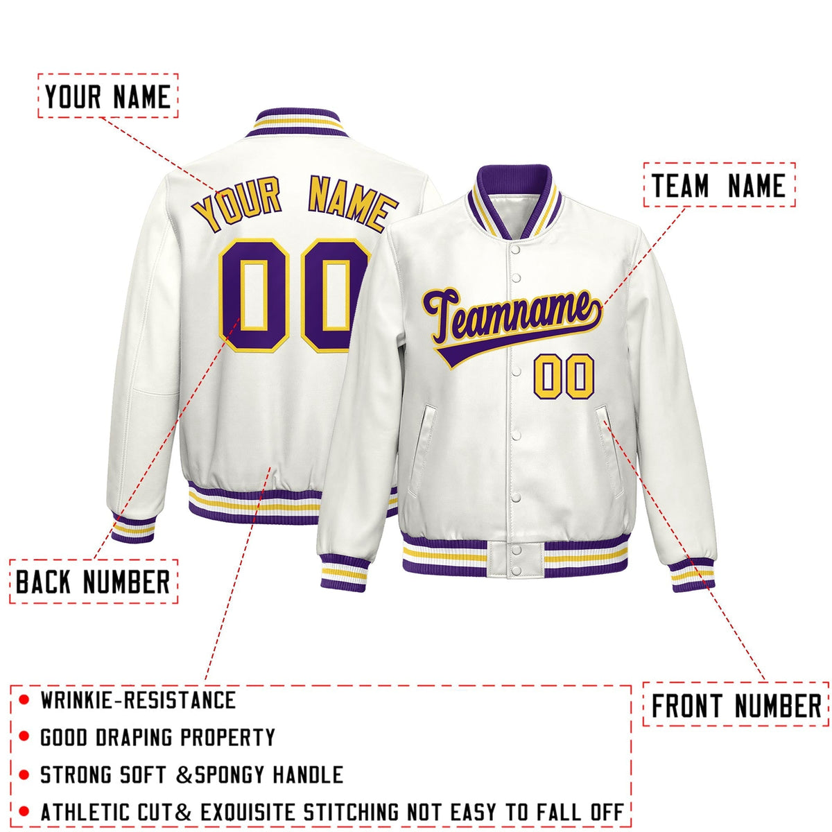 Custom White Purple Yellow Full-Snap Varsity Faux Leather Letterman Jacket| KXKSHOP