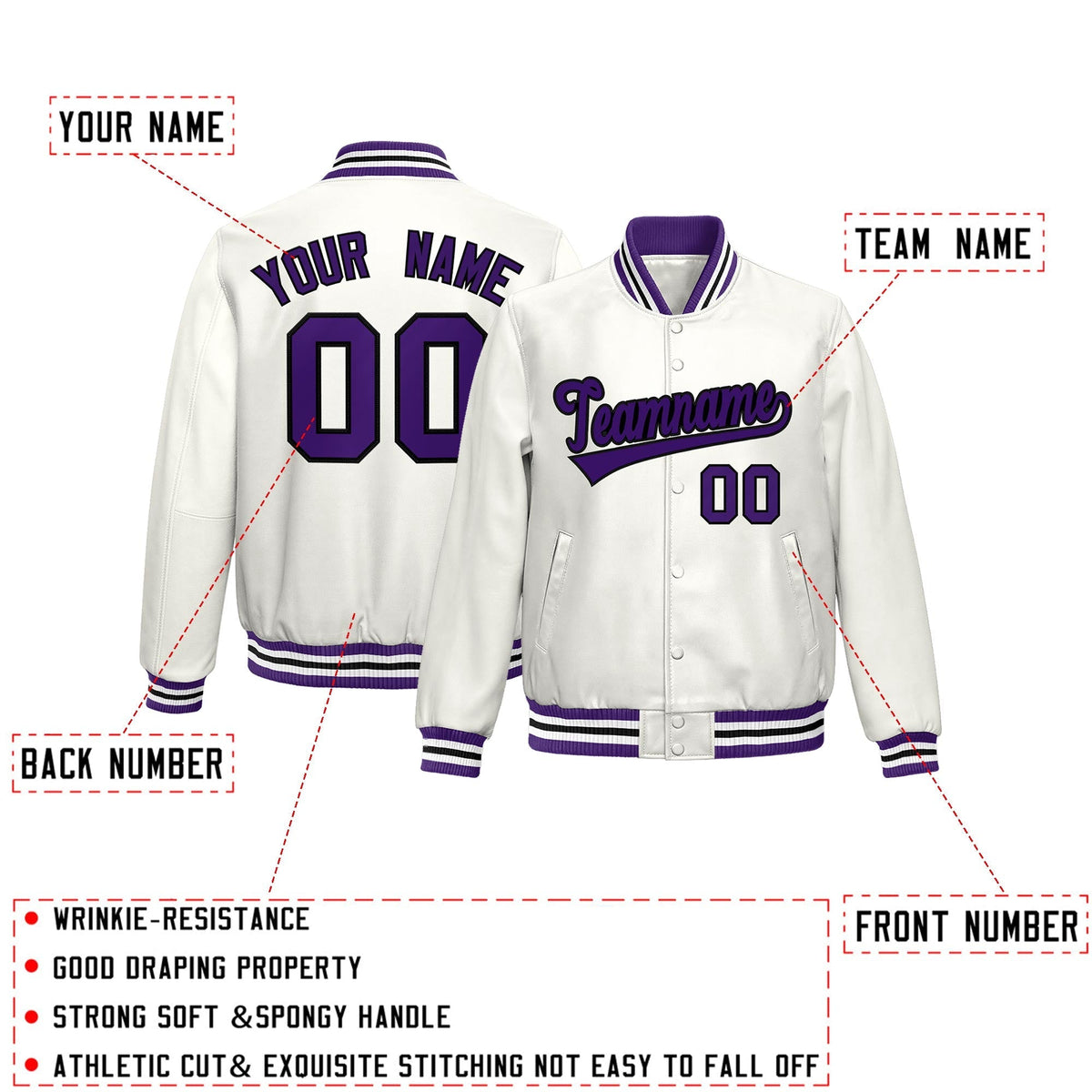 Custom White Purple Full-Snap Varsity Faux Leather Letterman Jacket| KXKSHOP