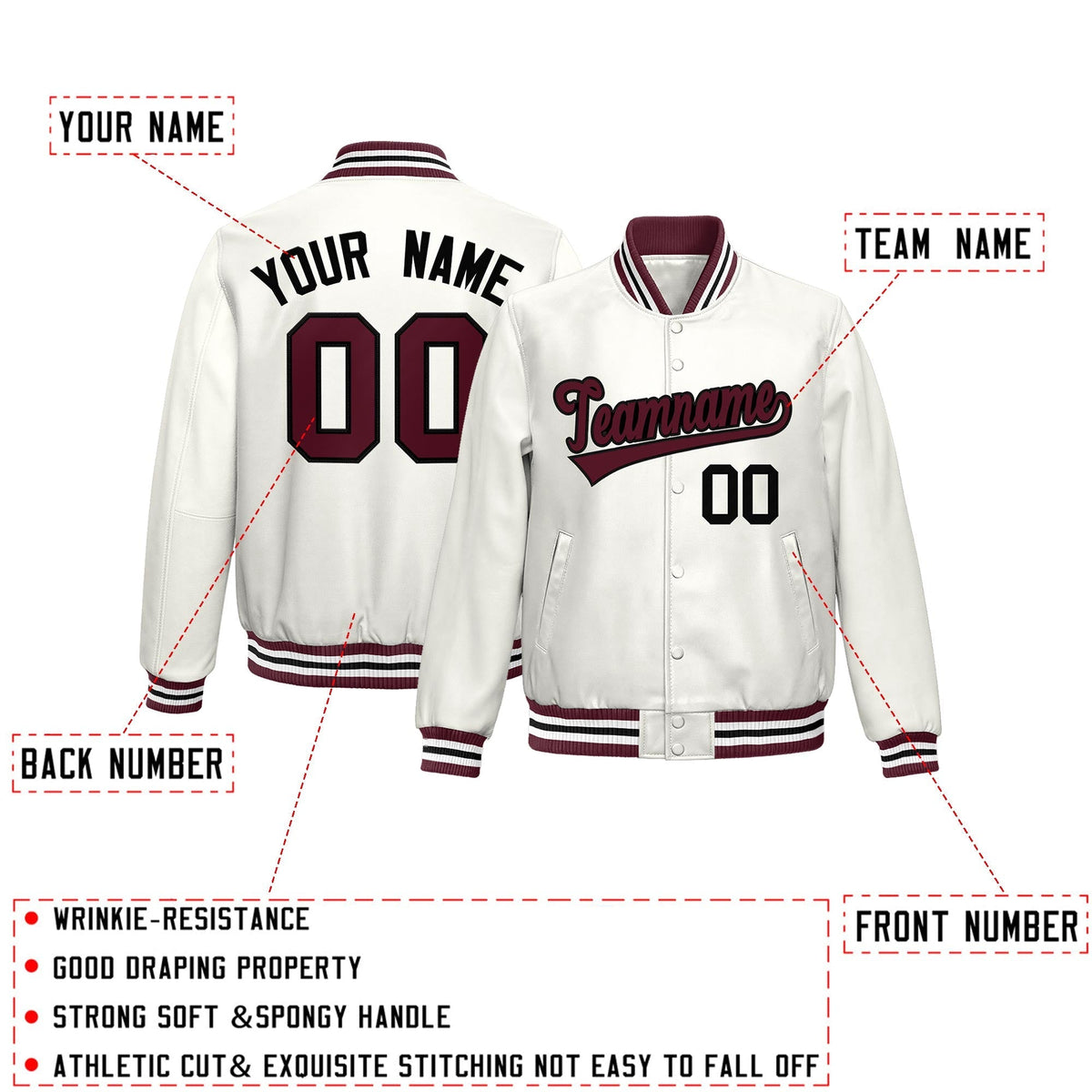 Custom White Crimson Full-Snap Varsity Faux Leather Letterman Jacket| KXKSHOP