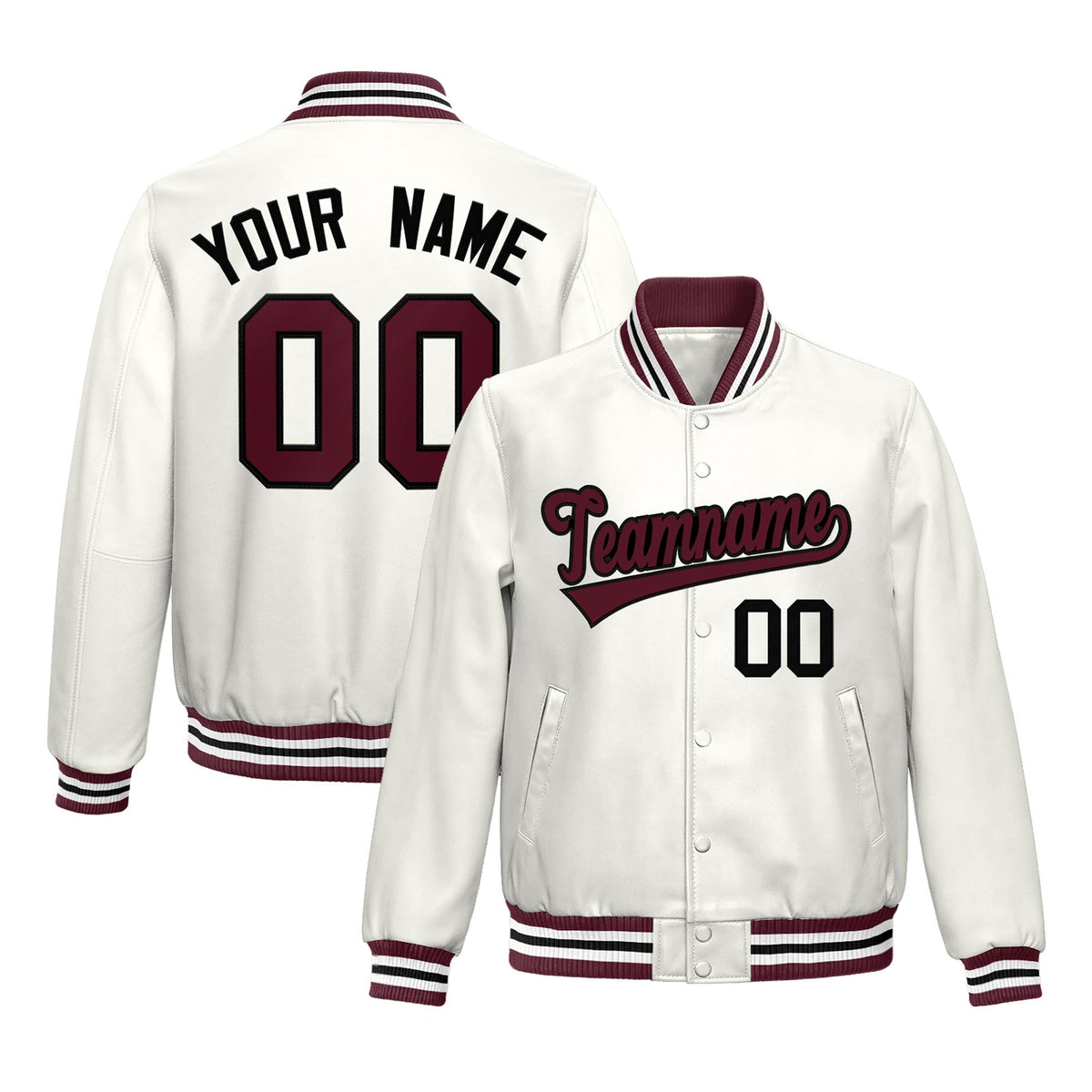 Custom White Crimson Full-Snap Varsity Faux Leather Letterman Jacket| KXKSHOP