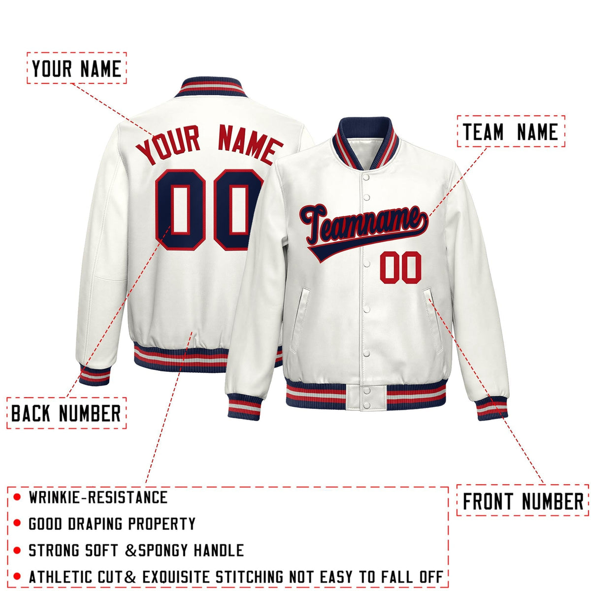 Custom White Navy Red Full-Snap Varsity Faux Leather Letterman Jacket| KXKSHOP