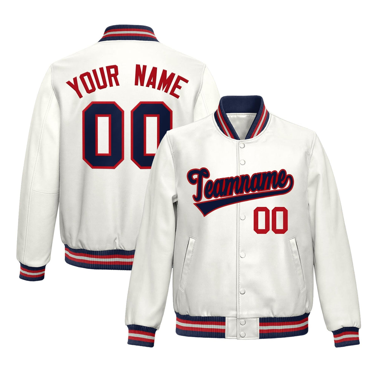 Custom White Navy Red Full-Snap Varsity Faux Leather Letterman Jacket| KXKSHOP