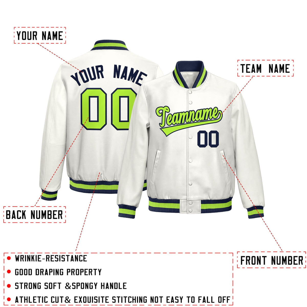 Custom White Neon Green Full-Snap Varsity Faux Leather Letterman Jacket| KXKSHOP