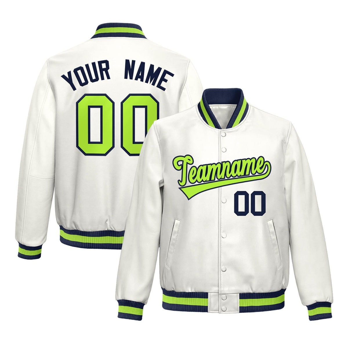 Custom White Neon Green Full-Snap Varsity Faux Leather Letterman Jacket| KXKSHOP