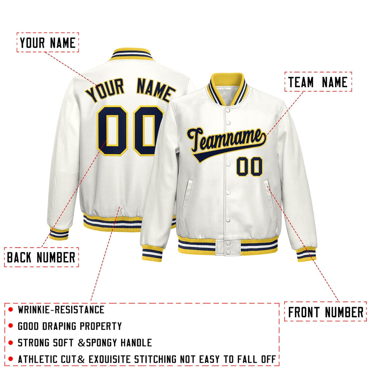 Custom White Yellow Navy Full-Snap Varsity Faux Leather Letterman Jacket| KXKSHOP