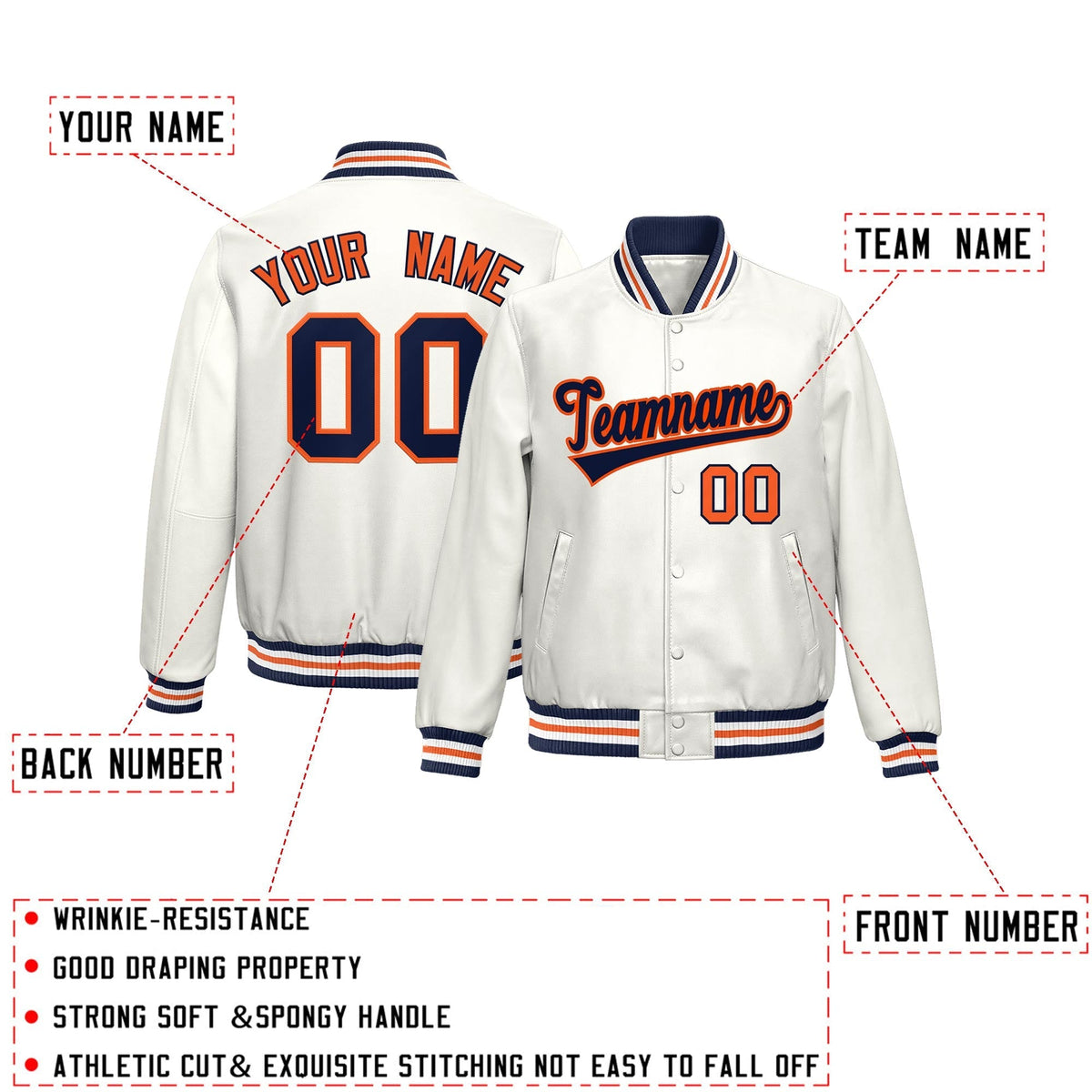 Custom White Navy Orange Full-Snap Varsity Faux Leather Letterman Jacket| KXKSHOP