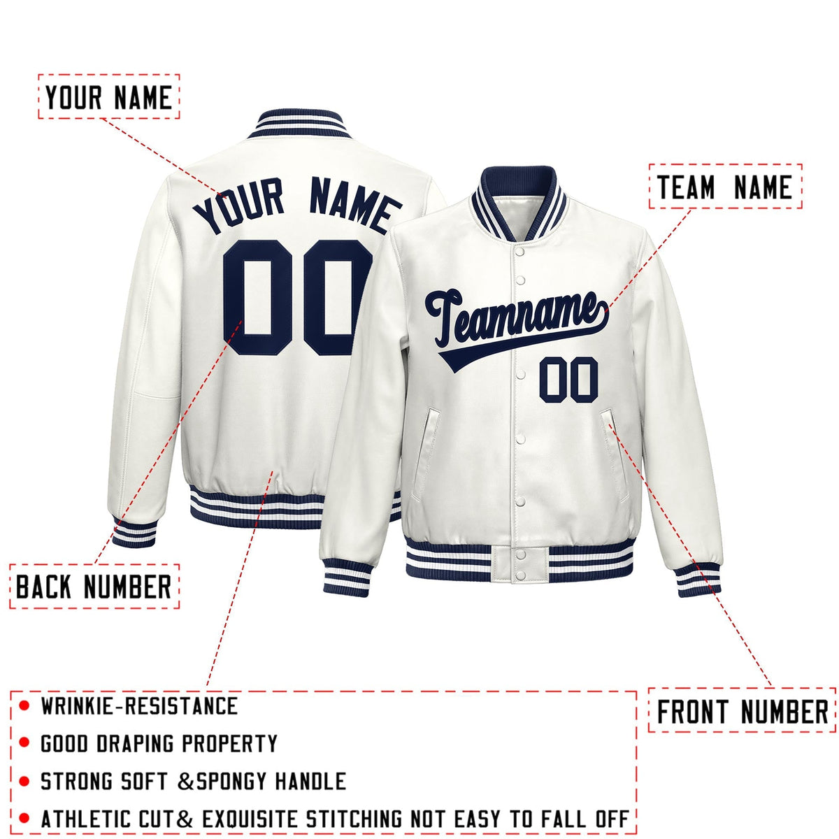 Custom White Navy Full-Snap Varsity Faux Leather Letterman Jacket| KXKSHOP