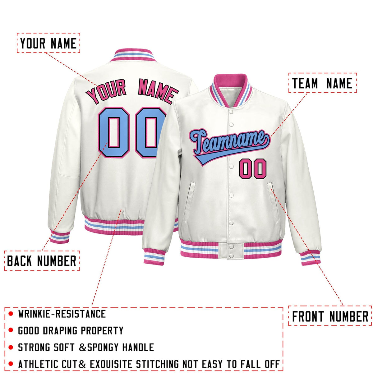 Custom White Pink Full-Snap Varsity Faux Leather Letterman Jacket| KXKSHOP