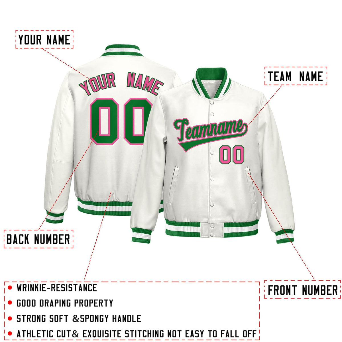 Custom White Kelly Green Pink Full-Snap Varsity Faux Leather Letterman Jacket| KXKSHOP