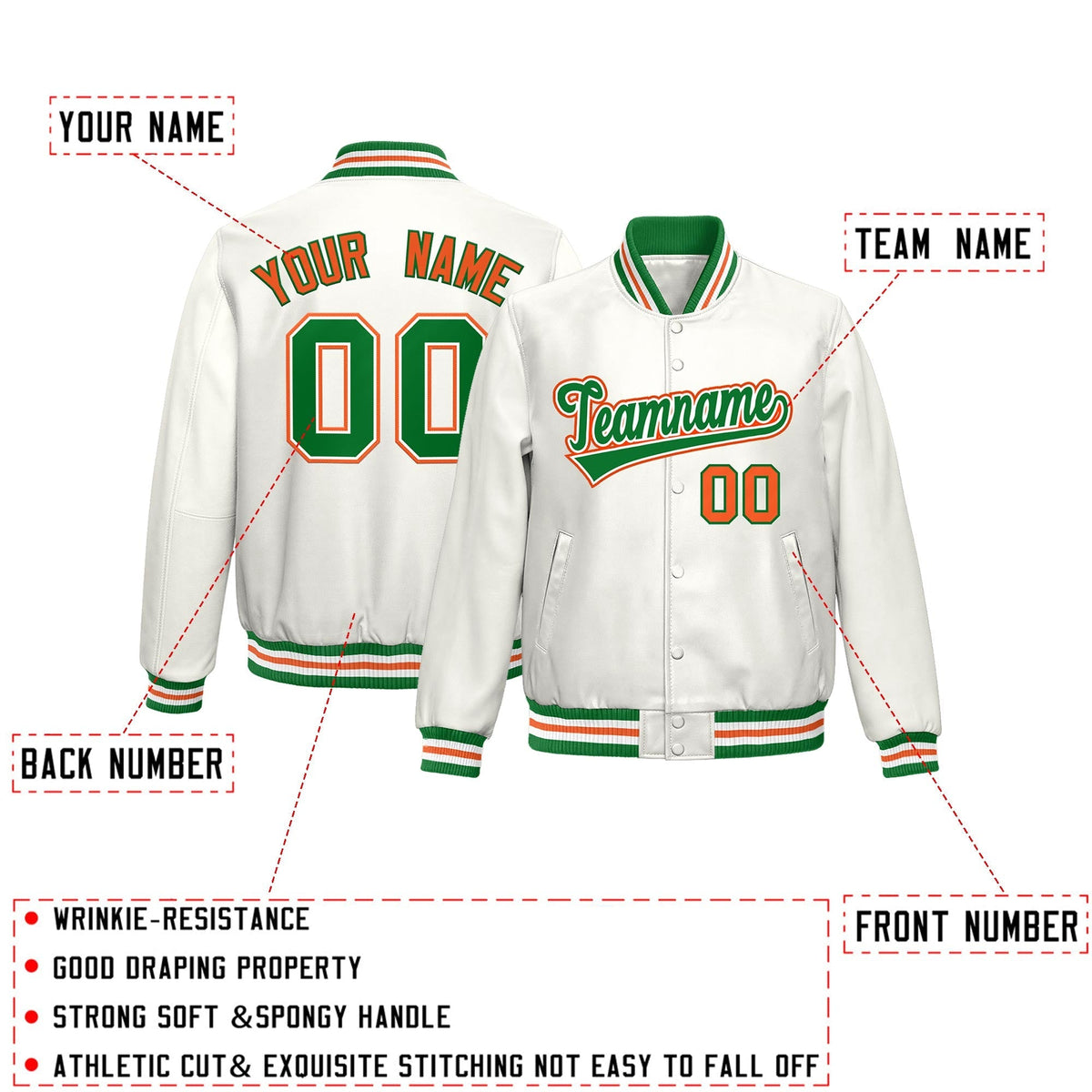 Custom White Kelly Green Orange Full-Snap Varsity Faux Leather Letterman Jacket| KXKSHOP