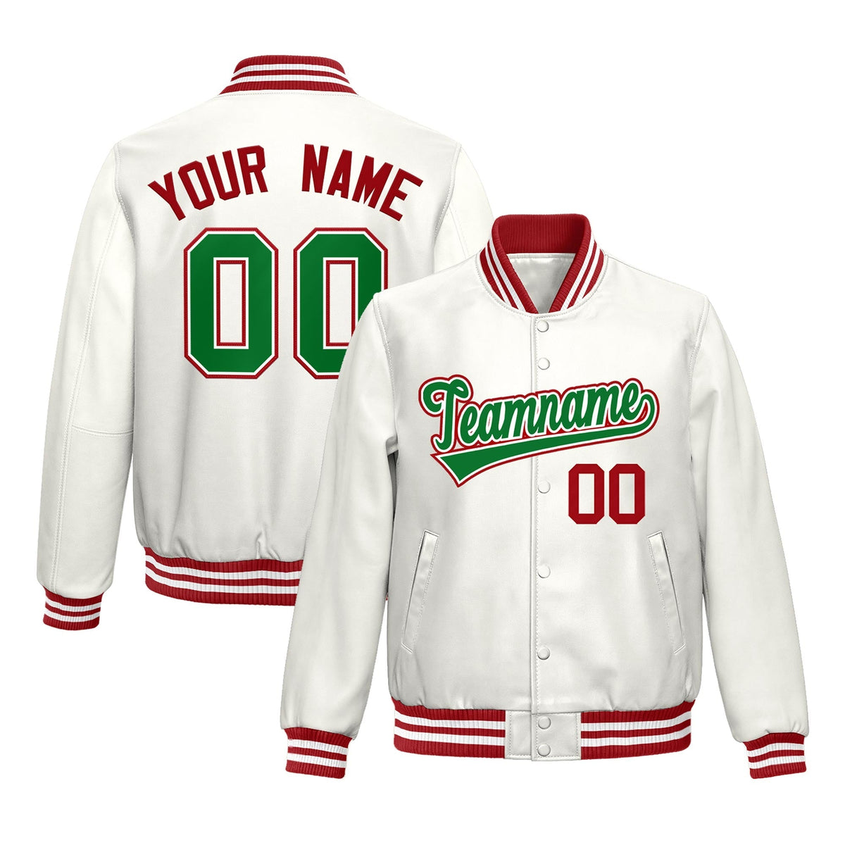 Custom White Kelly Green Full-Snap Varsity Faux Leather Letterman Jacket| KXKSHOP