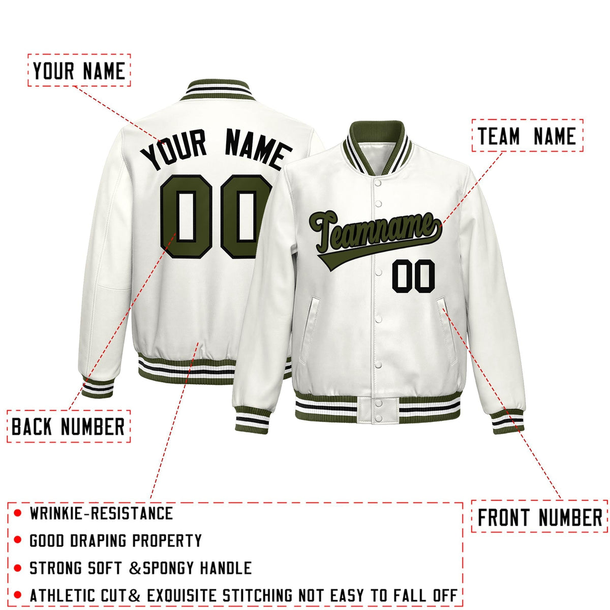 Custom White Olive Full-Snap Varsity Faux Leather Letterman Jacket| KXKSHOP