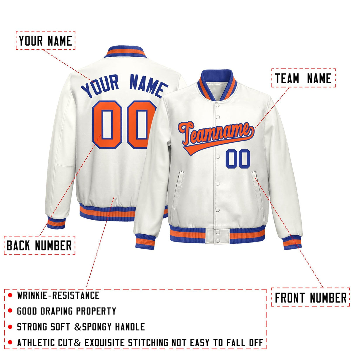 Custom White Royal Blue Orange Full-Snap Varsity Faux Leather Letterman Jacket| KXKSHOP