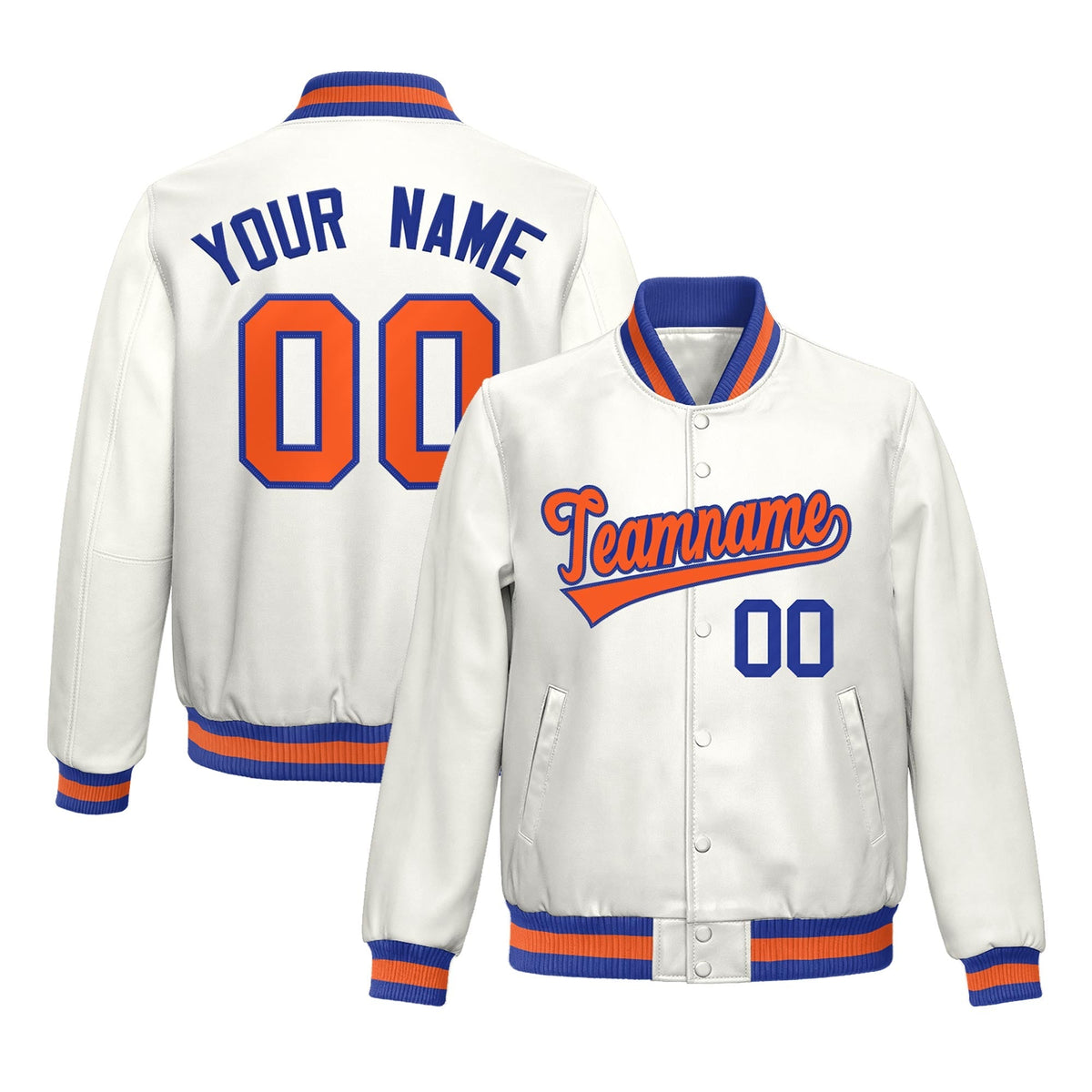 Custom White Royal Blue Orange Full-Snap Varsity Faux Leather Letterman Jacket| KXKSHOP