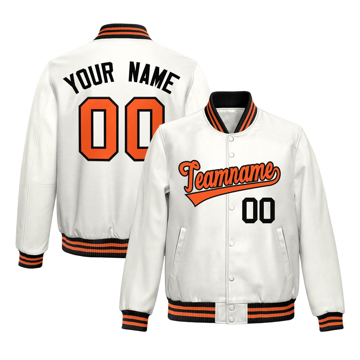 Custom White Orange Full-Snap Varsity Faux Leather Letterman Jacket| KXKSHOP