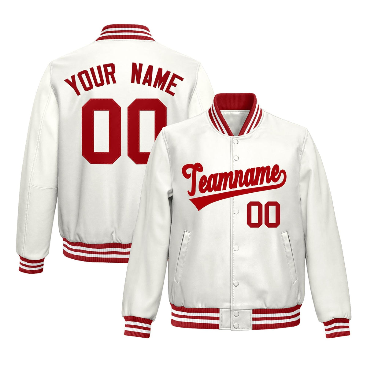 Custom White Red Full-Snap Varsity Faux Leather Letterman Jacket| KXKSHOP