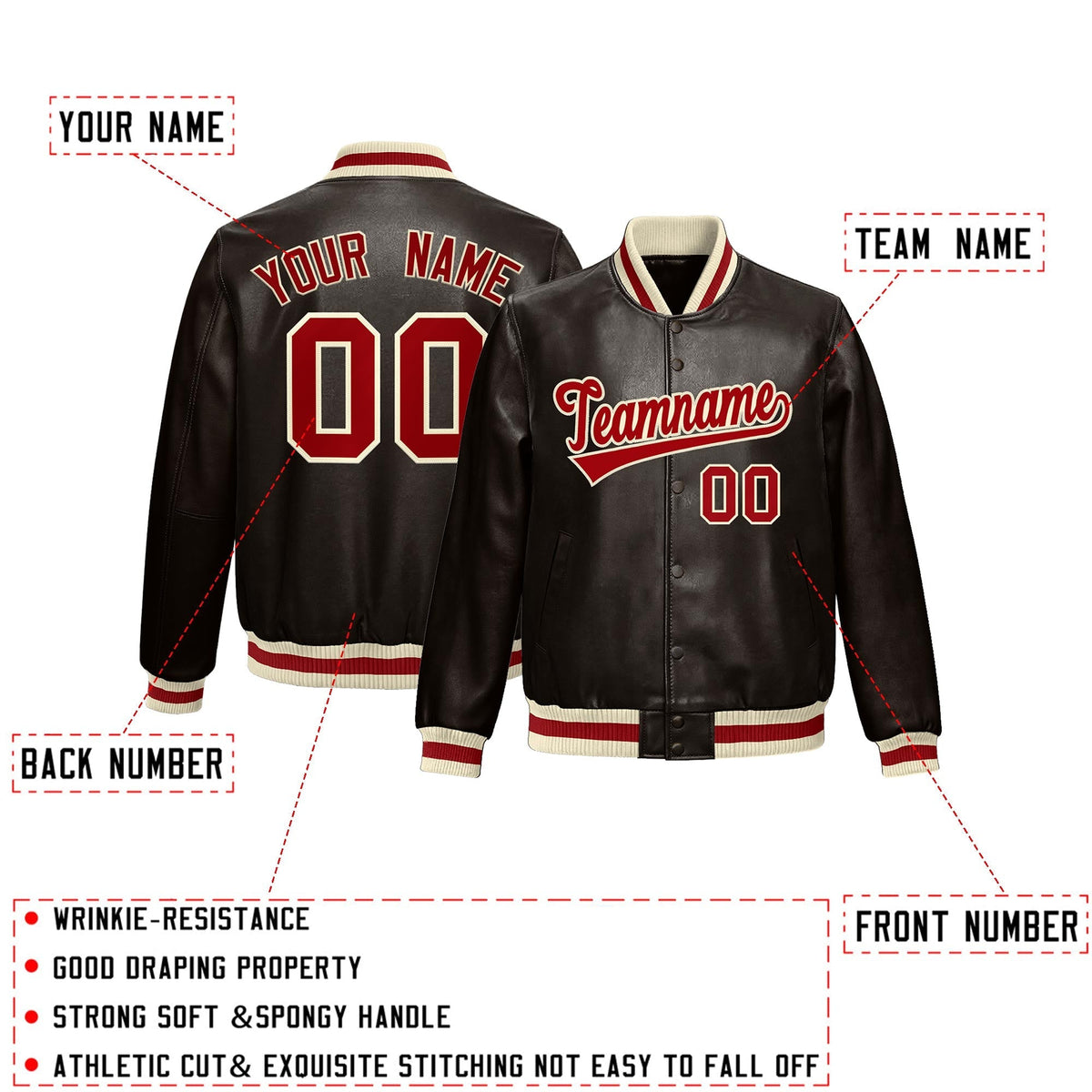 Custom Brown Red Cream Full-Snap Varsity Faux Leather Letterman Jacket| KXKSHOP