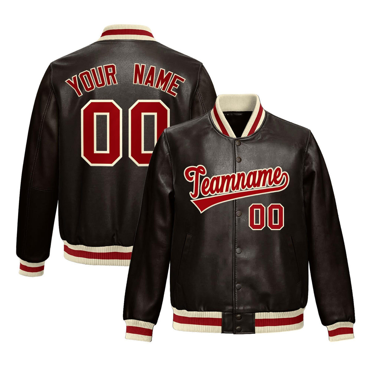Custom Brown Red Cream Full-Snap Varsity Faux Leather Letterman Jacket| KXKSHOP