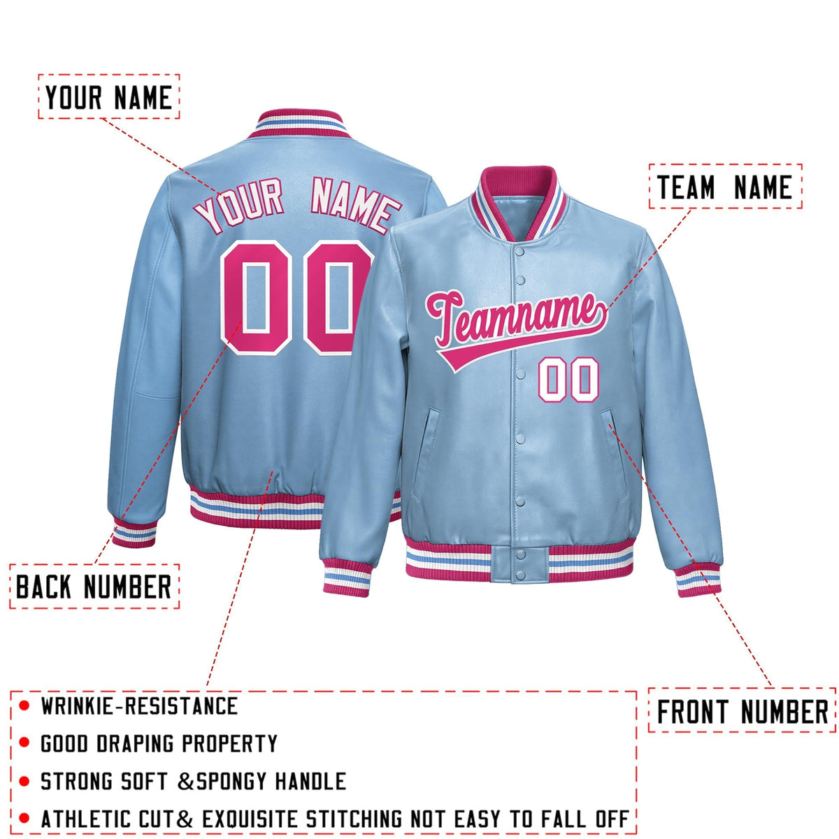 Custom Powder Blue Pink Full-Snap Varsity Faux Leather Letterman Jacket| KXKSHOP