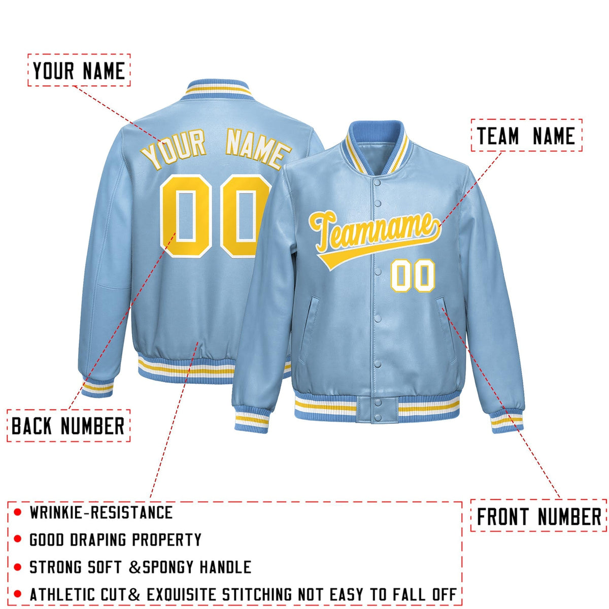 Custom Powder Blue Gold Full-Snap Varsity Faux Leather Letterman Jacket| KXKSHOP
