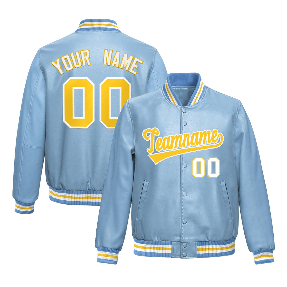 Custom Powder Blue Gold Full-Snap Varsity Faux Leather Letterman Jacket| KXKSHOP