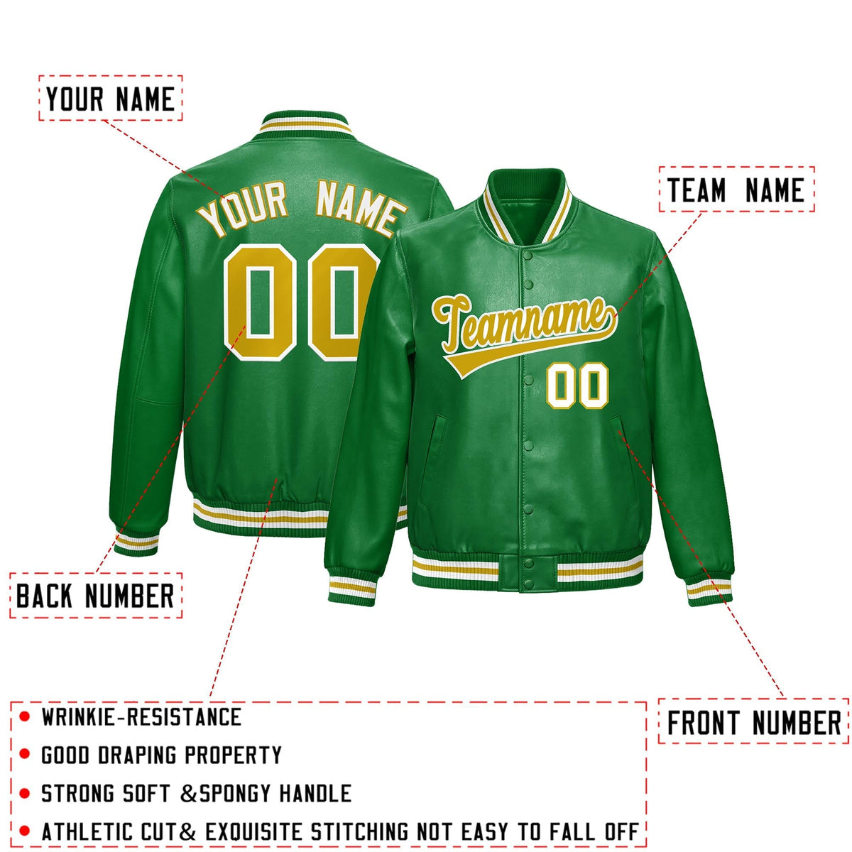 Custom Kelly Green Old Gold Full-Snap Varsity Faux Leather Letterman Jacket| KXKSHOP
