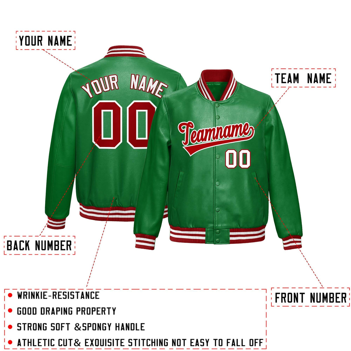 Custom Kelly Green Red Full-Snap Varsity Faux Leather Letterman Jacket| KXKSHOP