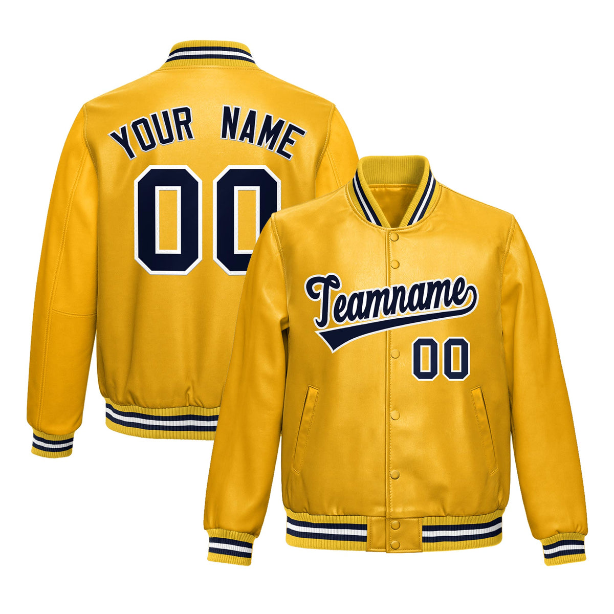 Custom Yellow Navy Full-Snap Varsity Faux Leather Letterman Jacket| KXKSHOP