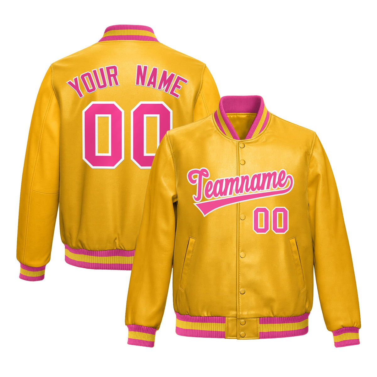 Custom Yellow Pink Full-Snap Varsity Faux Leather Letterman Jacket| KXKSHOP