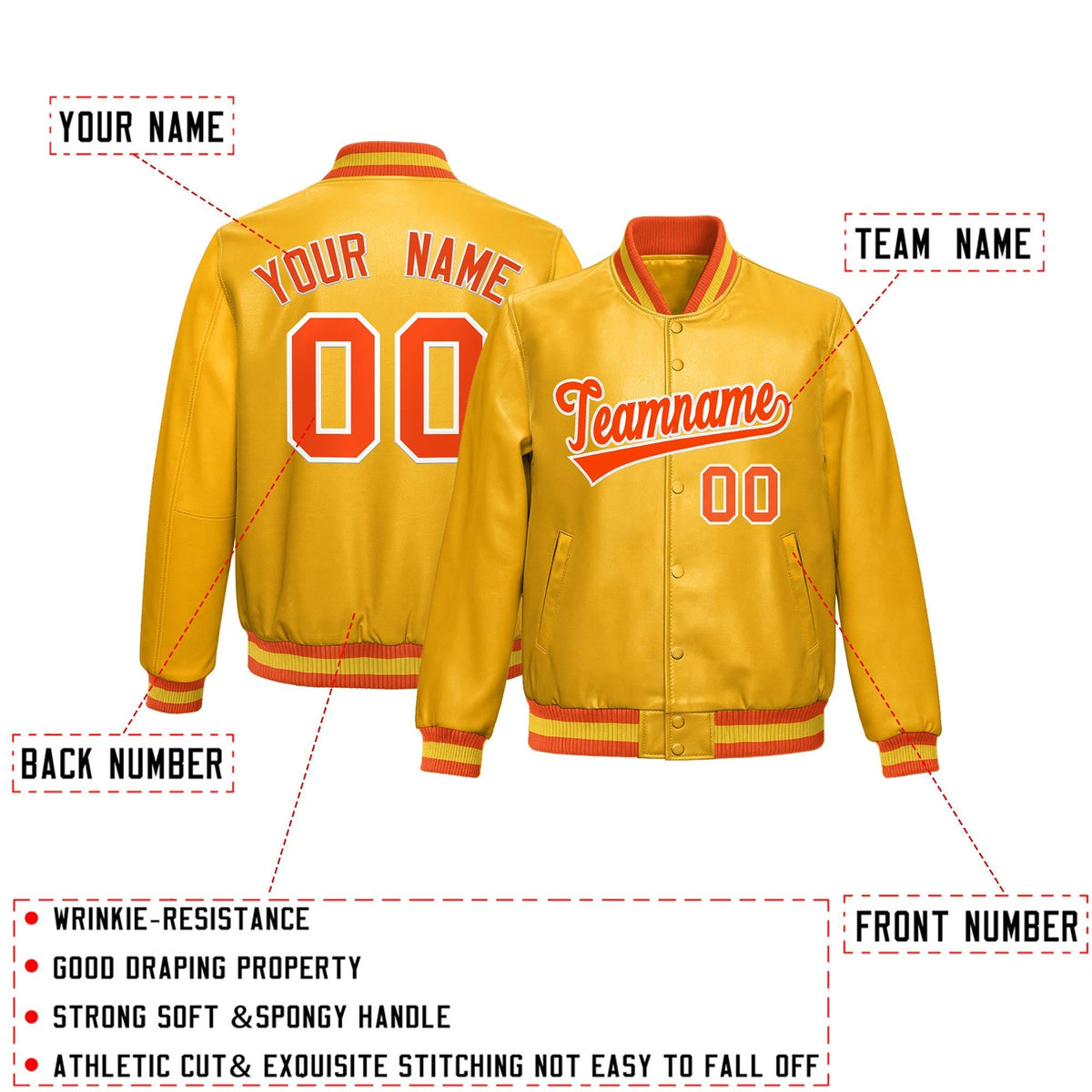 Custom Yellow Orange Full-Snap Varsity Faux Leather Letterman Jacket| KXKSHOP